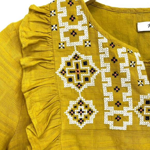 Madewell Tops - Madewell Embroidered Cassia Ruffle Top Womens Sz S Yellow Boho Summer 3/4 Sleeve